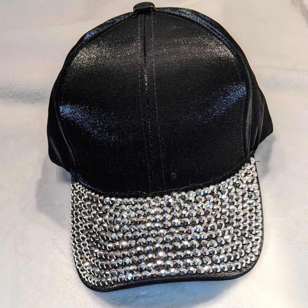 Silver Rhinestone Black Satin Hat Women's
